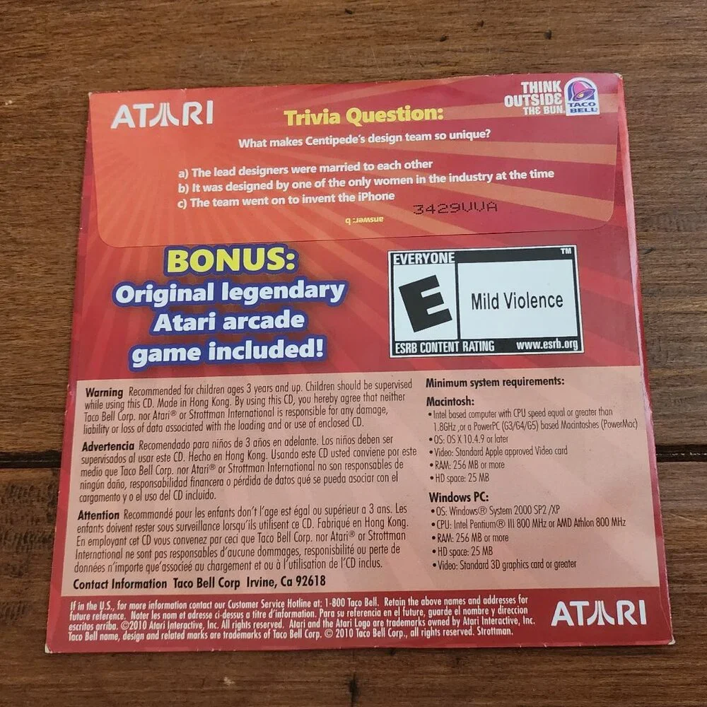 Atari Centipede Taco Bell Promo PC Windows Mac Computer Game NEW - Sealed